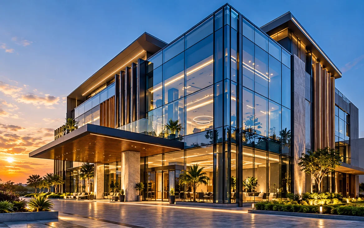 Modern glass commercial building at dusk